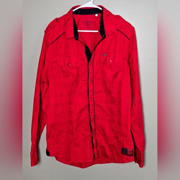 Men's Guess Jeans Red Pearl Snap Button Dowm Long Sleeve, Size XXL - Picture 1 of 3